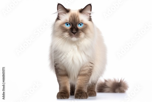 Beautiful adult mink Ragdoll cat, standing facing camera. Looking straight in lense with mesmerising aqua greenish eyes. One paw playful lifted. Isolated on a white background. : Generative AI