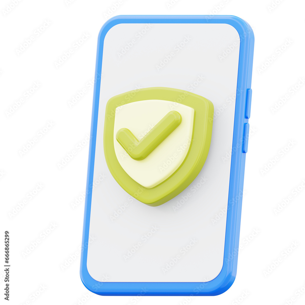 Shield secure on blue mobile phone 3d render illustration isolated on transparent background Shield secure on blue mobile phone 3d render illustration isolated on transparent background