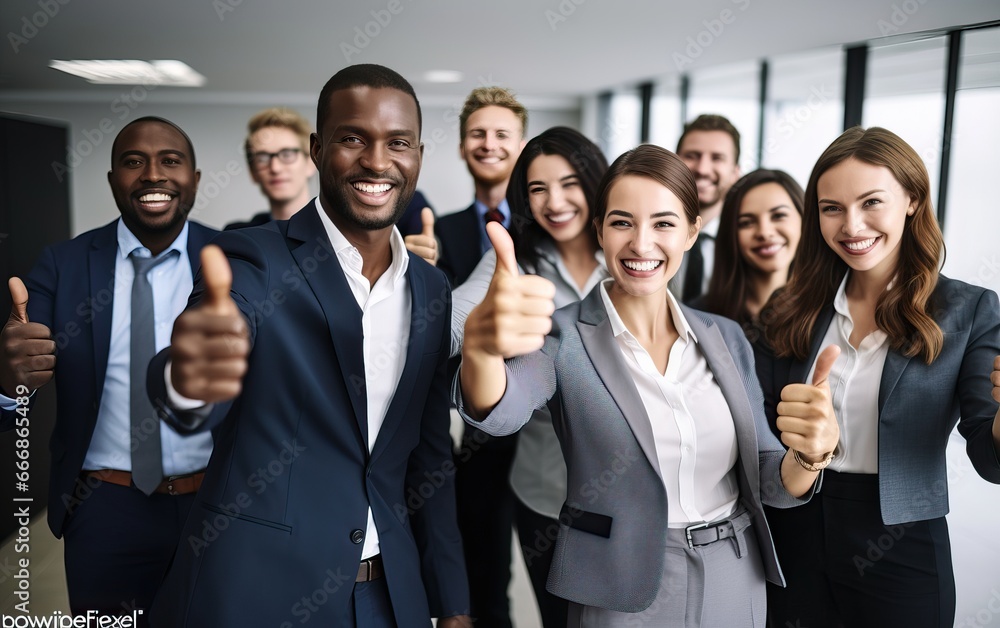 Businessman thump up standing and smile, over big group of businesspeople background Businessman thump up standing and smile, over big group of businesspeople background