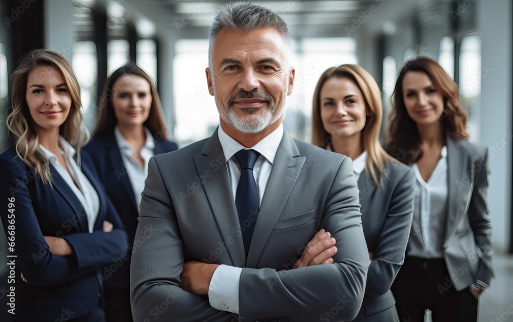Businessman standing folded hand smile, businessman and businesswoman over big group of businesspeople background Businessman standing folded hand smile, businessman and businesswoman over big group of businesspeople background