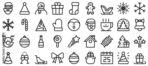 Conjunto de iconos de navidad. Feliz Navidad. Papá Noel, gorro navideño, trineo, muñeco de nieve, árbol de navidad, regalo, galleta, bota, reno. Ilustración vectorial