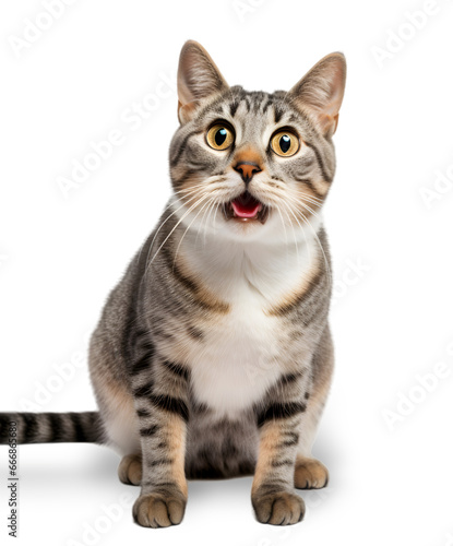 front view, a cute tabby cat with wide-open eyes is looking at the camera, against a transparent background