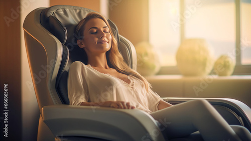 Woman relaxing on electric massage chair in living room. photo
