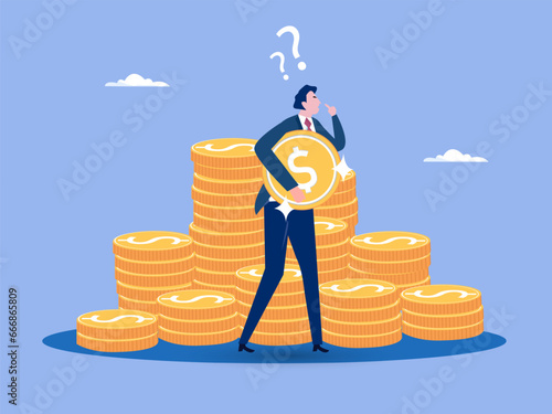 Money question, where to invest, pay off debt or invest to earn profit, financial choice or alternative to make decision concept, businessman investor holding money coin thinking about investment.