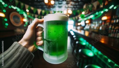 St. Patrick's Cheers: Hand Holding a Mug of Green Beer in an Empty Bar Scene