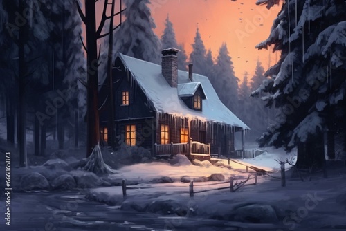 Scenic home amidst snowy woods with stunning 2D artwork. Generative AI