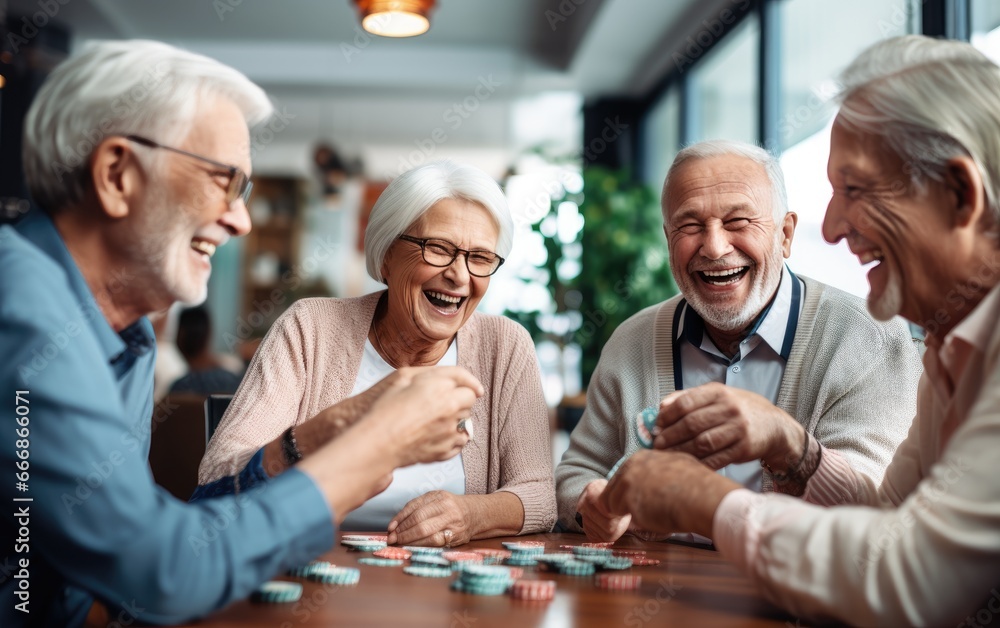 Group of seniors playing cards and sharing laughter in a retirement nursing home - obrazy, fototapety, plakaty 