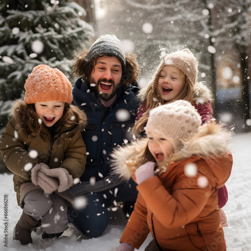 Family having fun throwing snow in the snow on Christmas Day.Generative AI