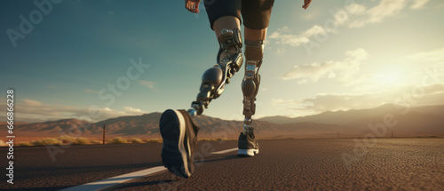 the leg of A man with prosthetic leg running.