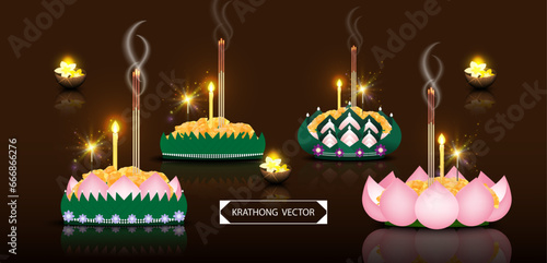 Krathong vector Banana leaf and Lotus Various design decor with flower, incense, candle, firecracker.