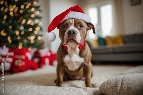 A playful pitbull dog, adorned with a whimsical Santa hat, romps on a cozy sofa in the heart of a lovingly decorated living room © Anisgott