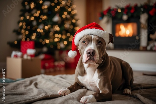 A playful pitbull dog, adorned with a whimsical Santa hat, romps on a cozy sofa in the heart of a lovingly decorated living room © Anisgott