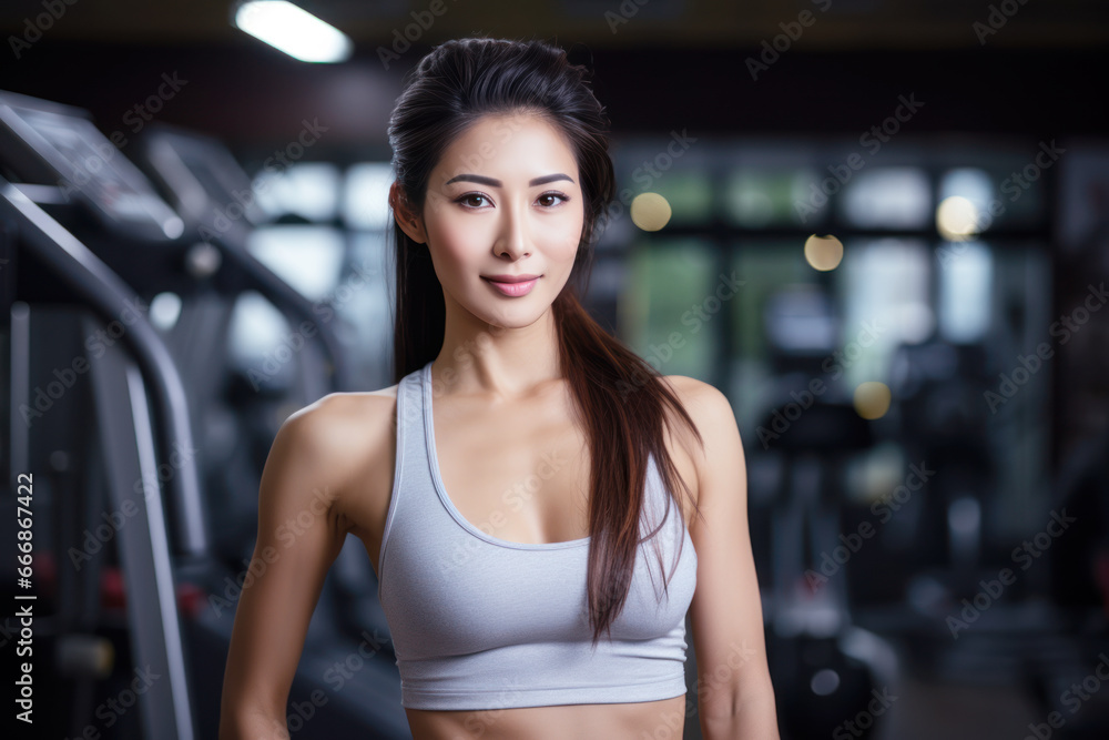 Asian woman in sportswear working out at gym doing fitness exercises