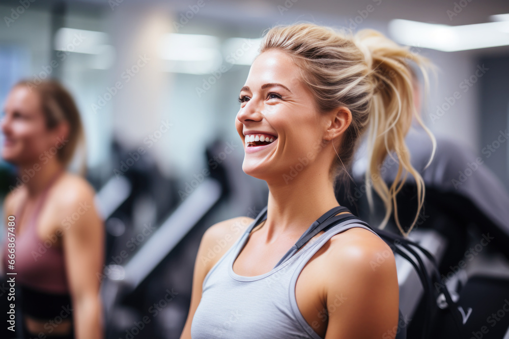 A Blonde woman doing physiotherapy for fitness recovery in the gym