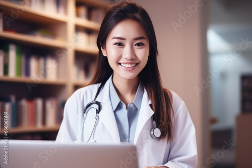 An Asian doctor smiling working with laptop
