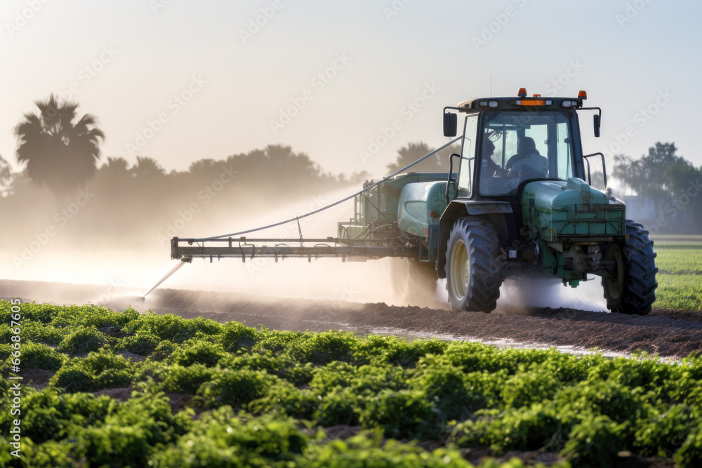 Fototapeta premium A farmer is spraying pesticides on a field using a spray machine