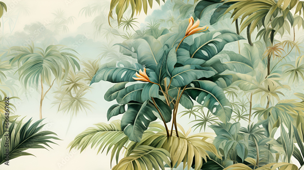 Fototapeta premium watercolor painting of tropical trees and leaves