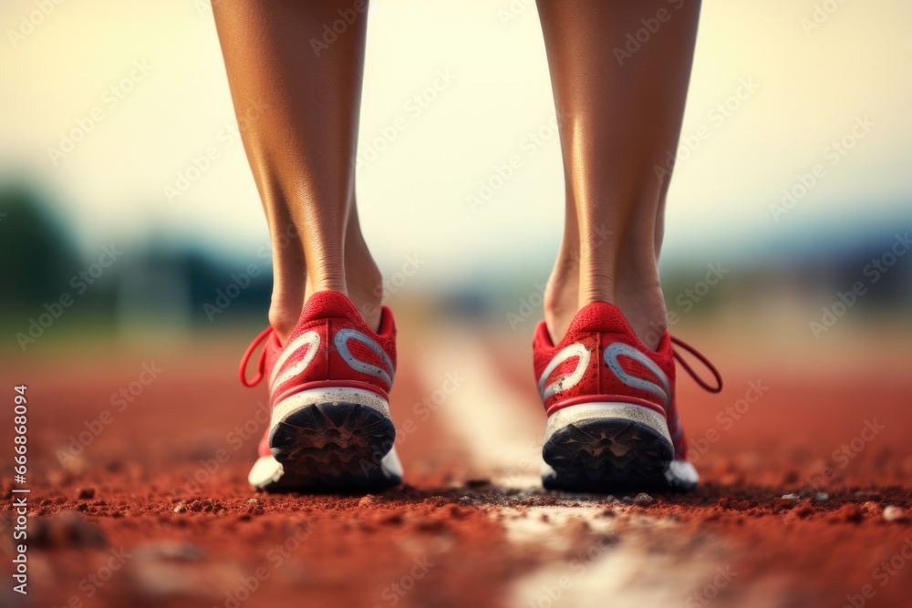 Athlete's feet on starting line, ready to sprint Athlete's feet on starting line, ready to sprint