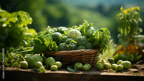 fresh green mix vegetables in big basket in field green plants with agricultural background generative ai