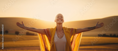Backlit Portrait of calm happy smiling free breast cancer survivor woman with open arms and closed eyes enjoys a beautiful moment life on the fields at sunset photo