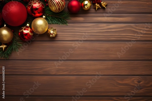 christmas decoration on wooden background, Red and gold Christmas ornament border banner. Above view on a rustic wood background, copy space for text