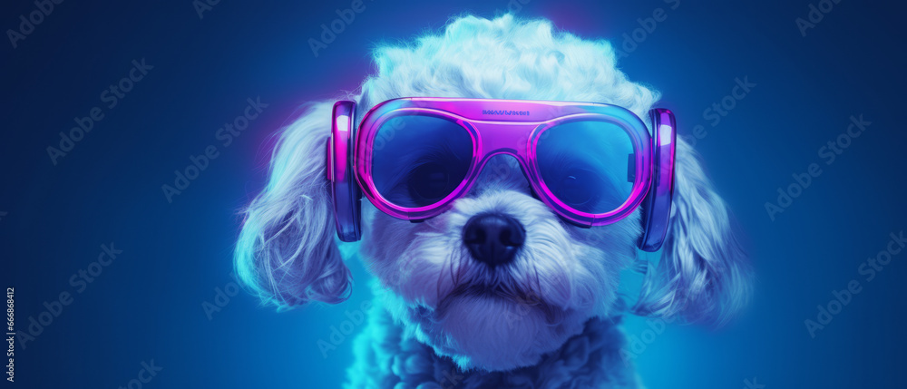 Futuristic illustration: Maltese Poodle dog in VR goggles.generative ai
