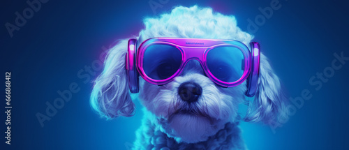 Futuristic illustration: Maltese Poodle dog in VR goggles.generative ai