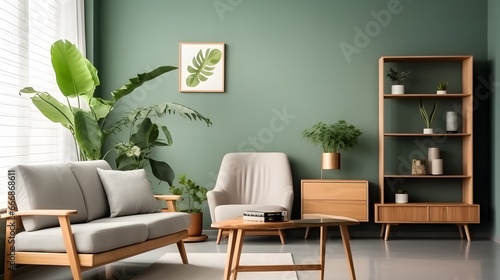 Wooden table and chairs against blue wall. Mid-century style interior design of modern dining room.