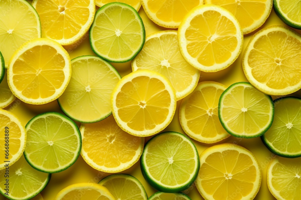 Overhead view of lemon and lime slices. Generative AI