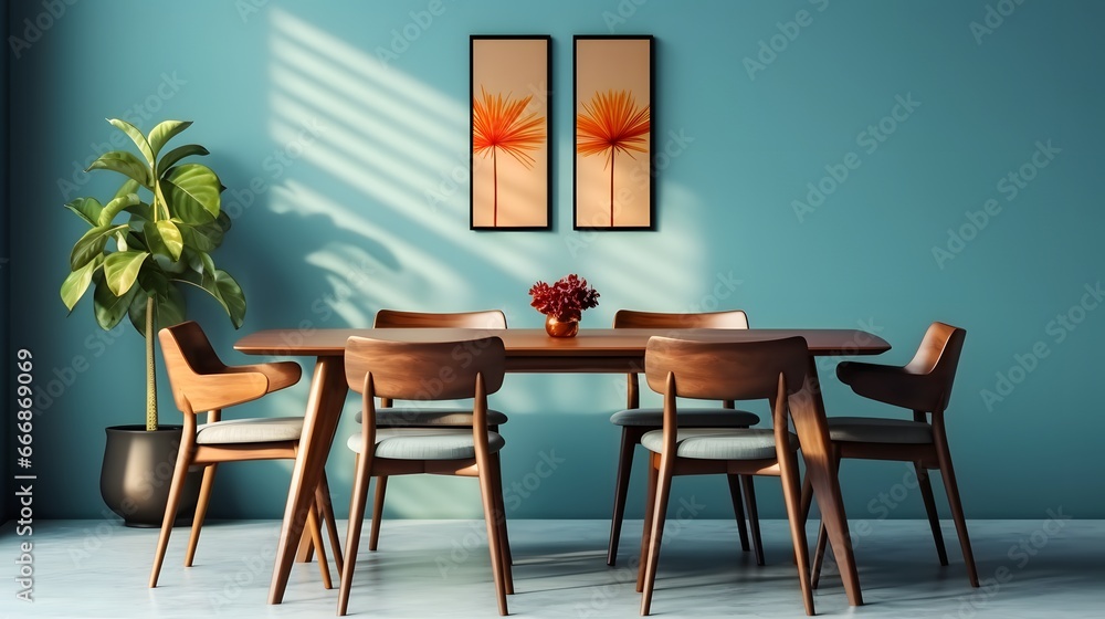 Wooden table and chairs against blue wall. Mid-century style interior design of modern dining room.