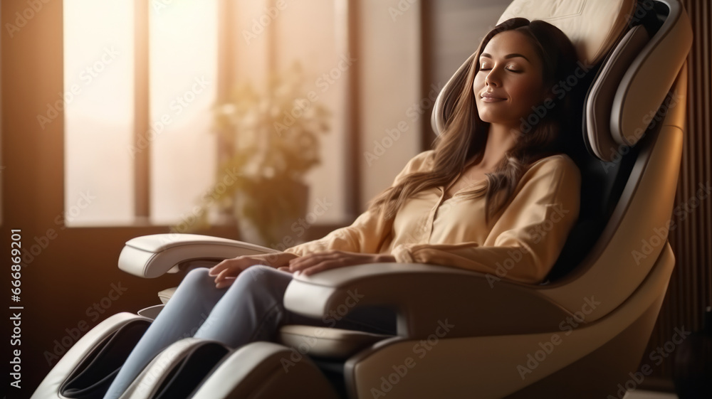 Woman relaxing on electric massage chair in living room.generative ai Woman relaxing on electric massage chair in living room.generative ai