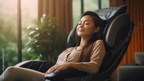 Woman relaxing on electric massage chair in living room. photo