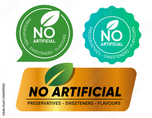 No artificial preservatives sweeteners flavors gold green leaves symbol stamp label symbol packaging sticker