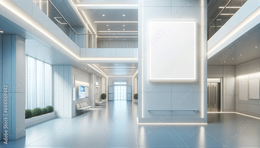Hospital corridor with up-to-date architecture. A blank space on the wall for ad or branding. Medical insurance concept. Ai generative Hospital corridor with up-to-date architecture. A blank space on the wall for ad or branding. Medical insurance concept. Ai generative