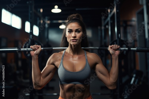 Woman lifting weights in a modern gym environment.