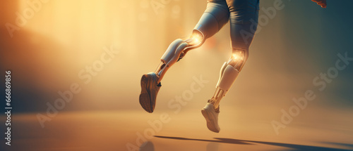 the leg of A man with prosthetic leg running.generative ai