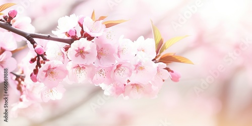 spring horizontal banner with pink sakura flowers on sunny backdrop, nature background a branch of blooming cherry blossom