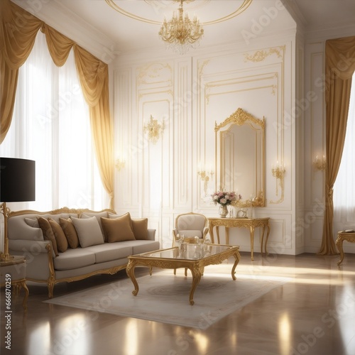 interior design, marble and golden empty living room, mansion, Generative AI © DemiourgosAI