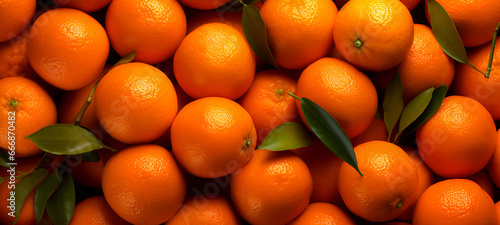 Background of fresh tangerines with green leaves. Top view. Banner.