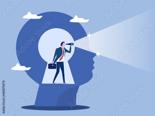 Business vision concept, businessman using telescope to look into the distance Self-discovery , Positive Psychology and Self Awareness