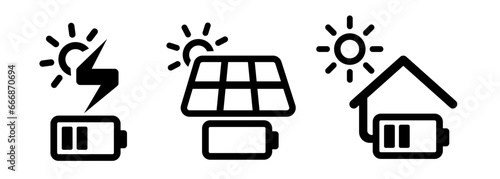 Solar cell panel in house charging battery electricity from sun icon set