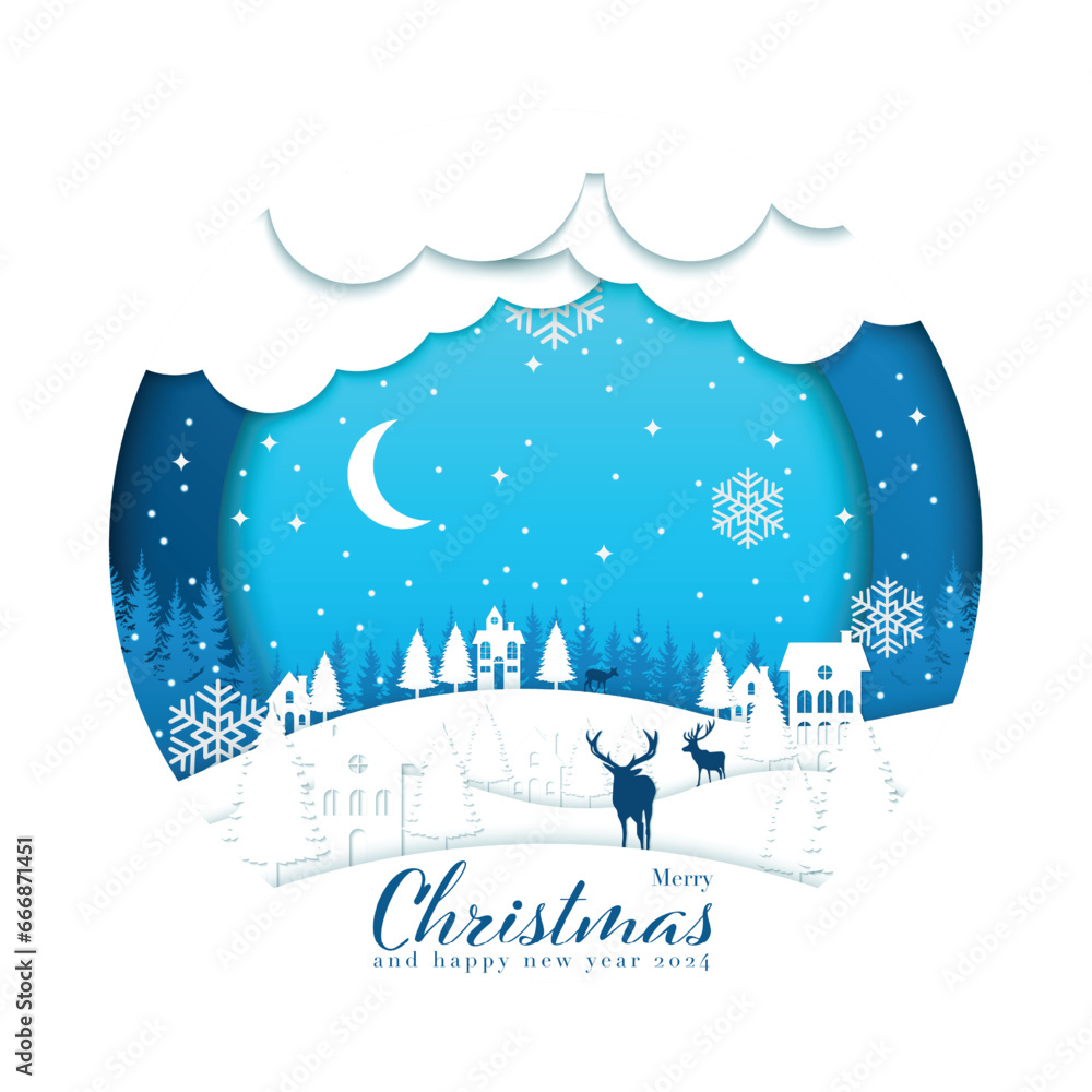 Merry Christmas template background cover design in paper cut style. Ideas for magazines, brochures and posters. Vector Illustrator EPS.