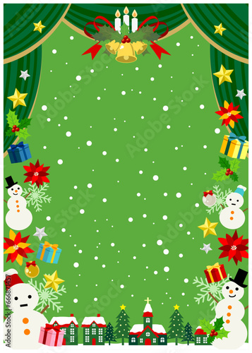 クリスマス、緑、幕、緞帳、フレーム、劇場、背景、縦型、雪、かわいい、イラスト、街並み