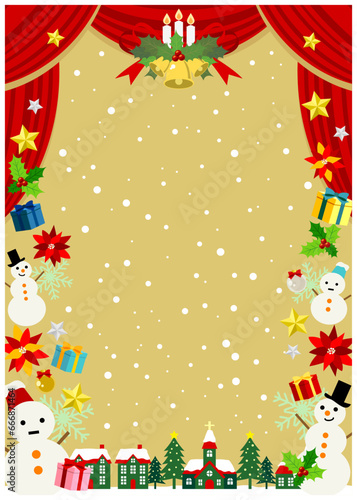 クリスマス、赤、幕、緞帳、フレーム、劇場、背景、縦型、雪、かわいい、イラスト、街並み