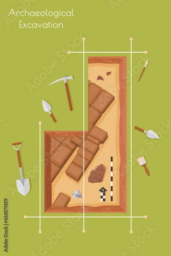 Vector illustration of archaeological excavations, trench extended system