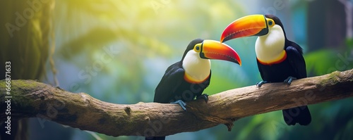 nature horizontal background, two beautiful toucan birds on a branch in forest, couple of birds on copy space blurred background