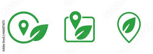 Eco travel location environmental friendly green ecology map pointer pin emblem vector symbol