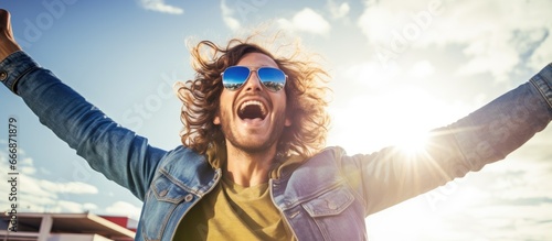 ecstatic young man outdoors in sunglasses
