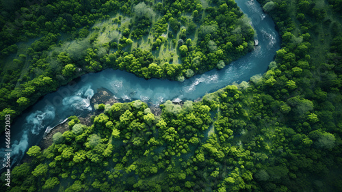 Top view of blue river in the green forest.