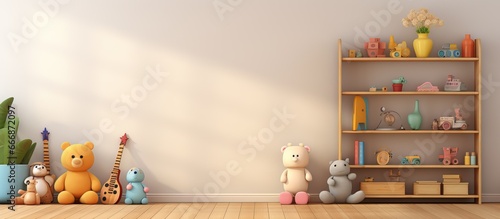 The showcases a children s room with scattered wooden toys and a white central shelf serving as a background for presenting children s goods